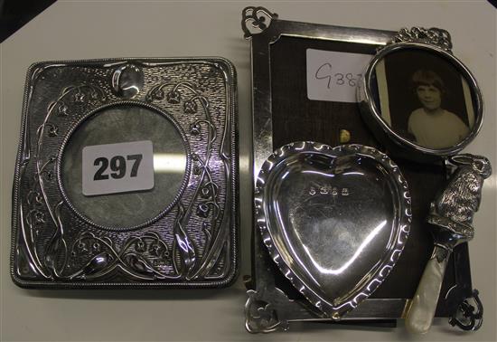 3 silver photo frames, heart shaped dish & rabbit babys rattle